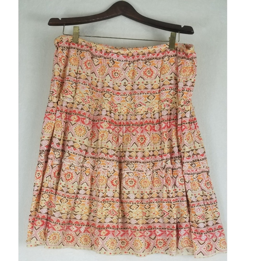 Sahalie Tiered Midi Skirt Womens Large Coral Orange Cotton Boho Excellent Print